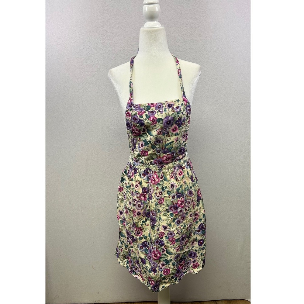 Cottagecore Grandma Womens Purple Floral‎ Pansy Halter Neck Tie Waist Apron